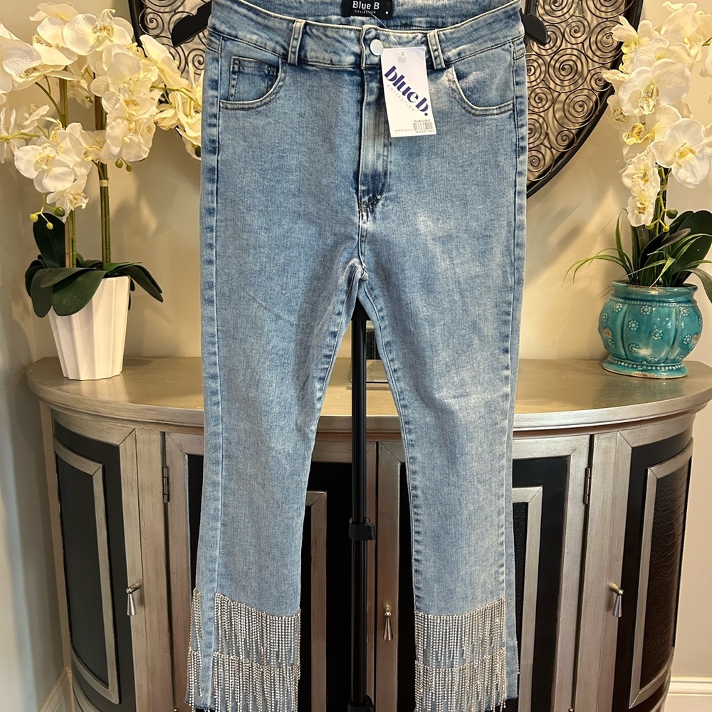 Blue Chic Women's Cropped Jeans with Fringe